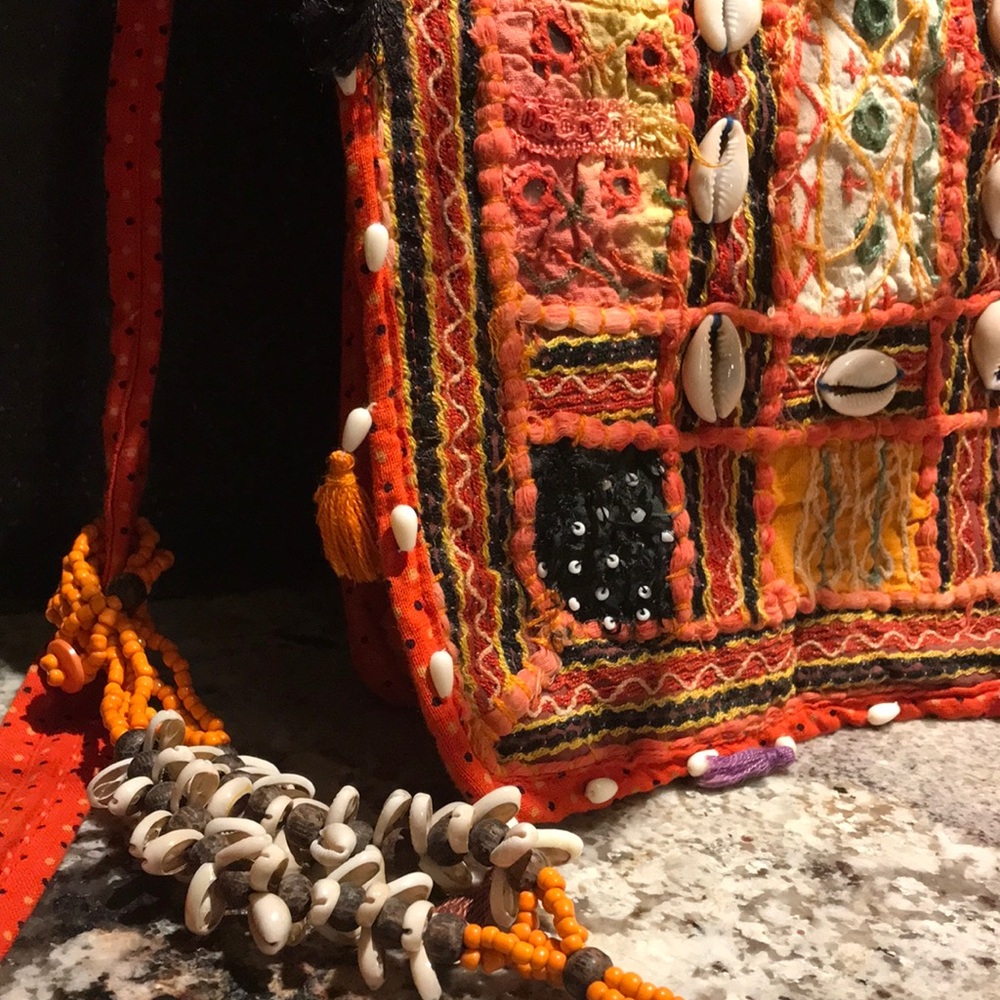 Boho Festival Colorful Cross Body Bag, Embroidered, Shells & Necklace